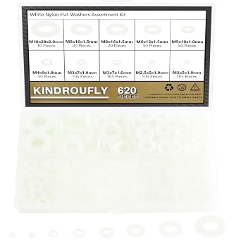 620 قطعة غسالات نايلون مسطحة ، Kindroufly 8 مقاسات غسالات بلاستيكية ، غسالات نايلون بيضاء مجموعة متنوعة M2 M2.5 M3 M4 M5 M6 M8 M10
