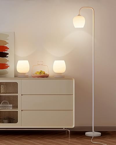 Miniatura 7 de ONEWISH Lámpara de pie blanca, moderna lámpara de pie para sala de estar, dormitorio, pantalla de lámpara de cristal opal, bombilla LED incluida,