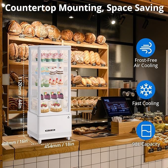 Image of Countertop Refrigerated Display Cabinet 98L, Single Door Display Fridge, Double-Layer Tempered Glass Front with Anti-Fog Defogger, 110V US Standard, White ABS Body, 20.87 x 19.09 x 47.05 in