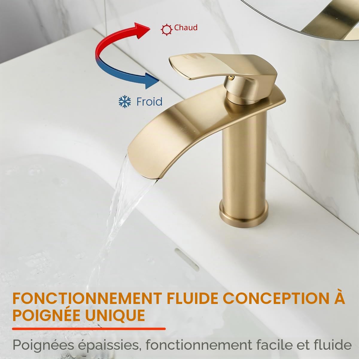Beelee Mitigeur cascade mono-trou avec raccord d'eau froide et chaude G3/8", or brossé, robinet moderne pour lavabo de salle de bain