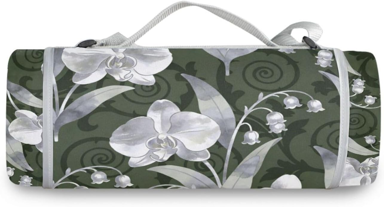 Round Beach Necessities - Fits 2 Adults, Summer Accessories Packable Big Picnic Blanket Dual Layer, Sand-Free, Soft Throw Rug 58 in (Phalaenopsis Convallaria Majalis Sliver Green)