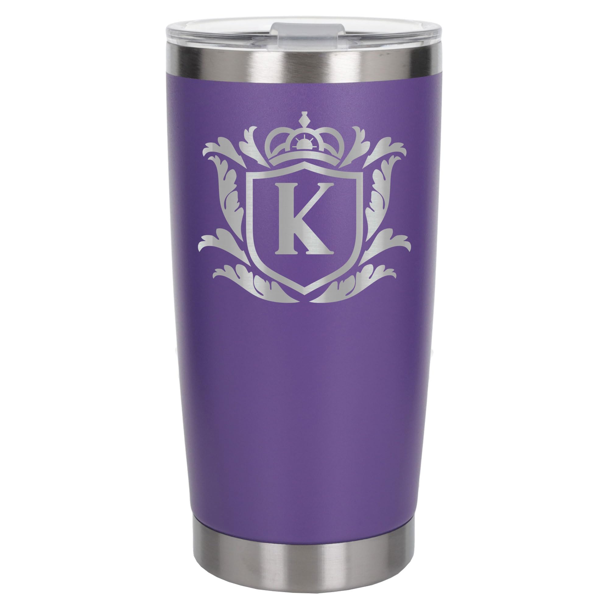 Customised Gifts 500ml Engraved Shield Initial Monogram Insulated Personalised Purple Travel Mug for Men and Women - Personalised Initial Coffee Travel Mug for Hot and Cold Beverages, Letter K โ image 1