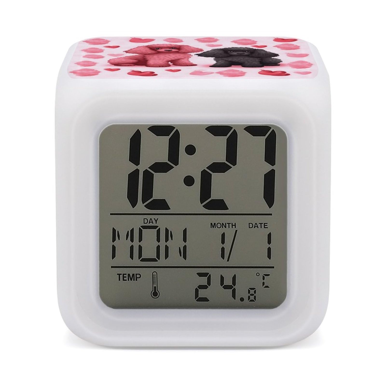 VstaDank Pink Poodles Dogs Alarm Clocks with 7 Color Changing Night Light Exquisite Bedroom Digital Clocks with LED Temperature Display Desk Clock Ok to Wake Clocks for Heavy Sleeper