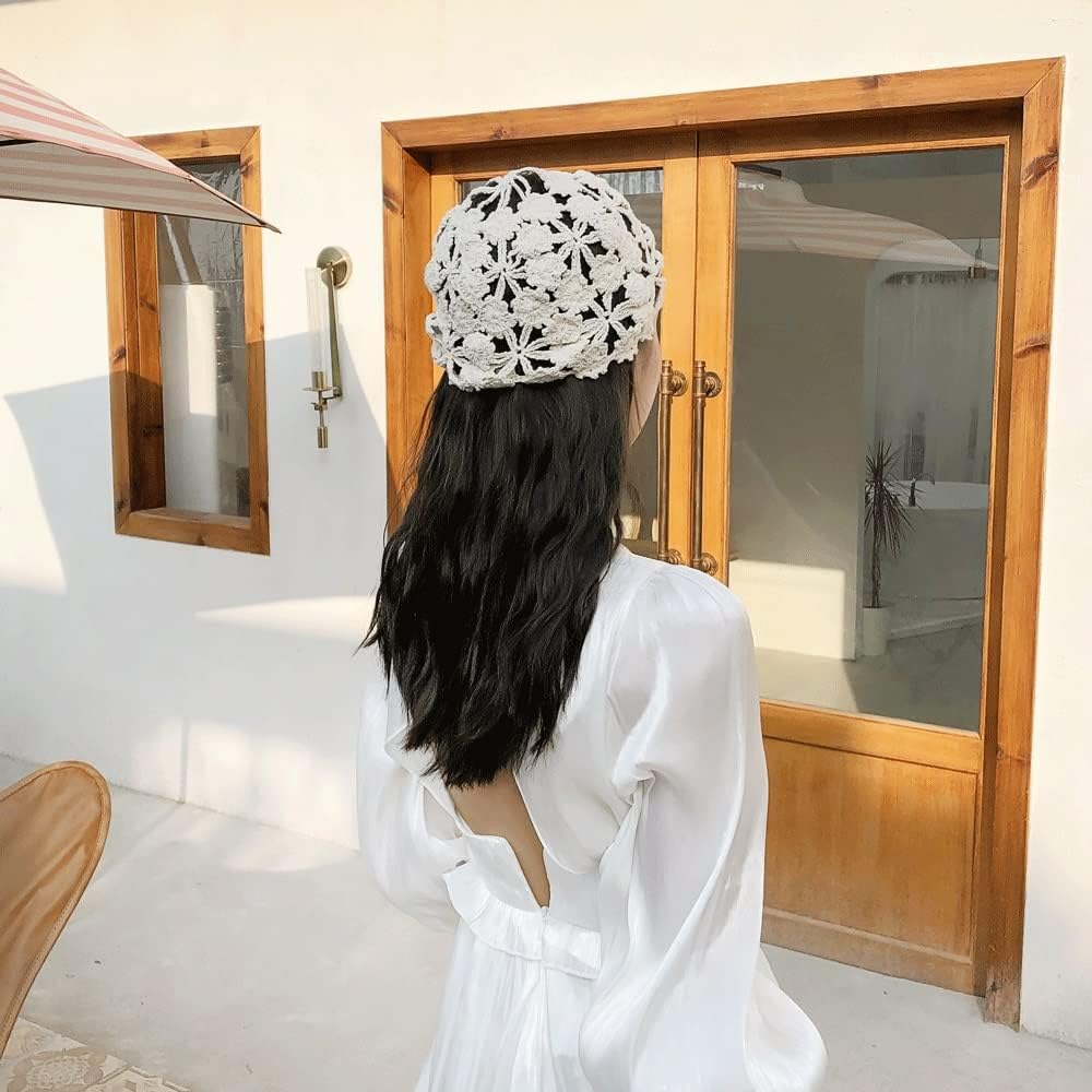 [たけち] 手織りの花中空薄型キャップ レース通気性ニットかぎ針編み帽子女性 Baotou で