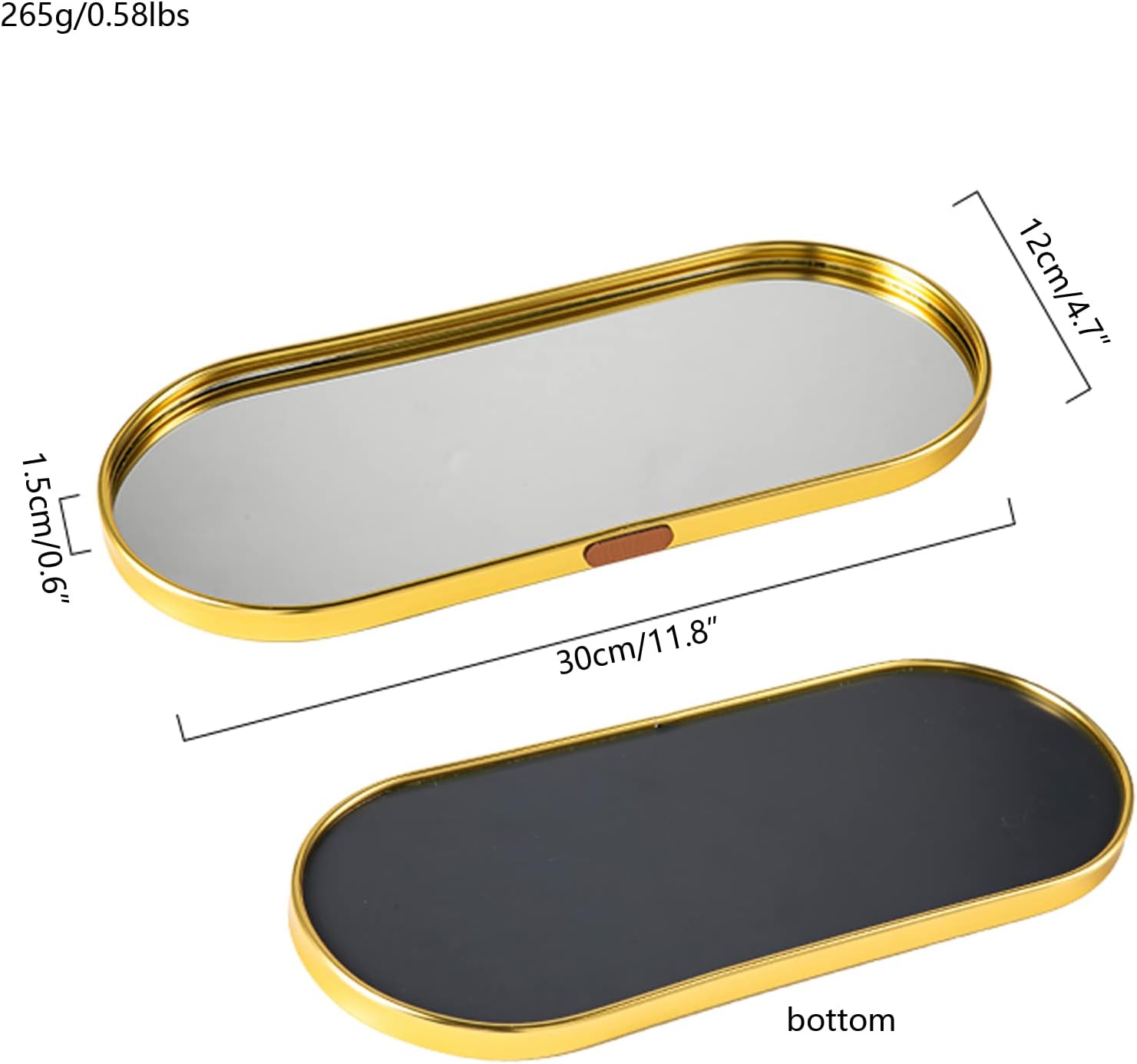 i-LAN 2-Pack Gold Vanity Tray - 12 Inch Stainless Steel Oval Mirror Decorative Tray - Modern Guest Towel Tray for Bathroom, Jewelry, Perfume, Candle, and Makeup Organizer - Narrow Metal Serving Plate