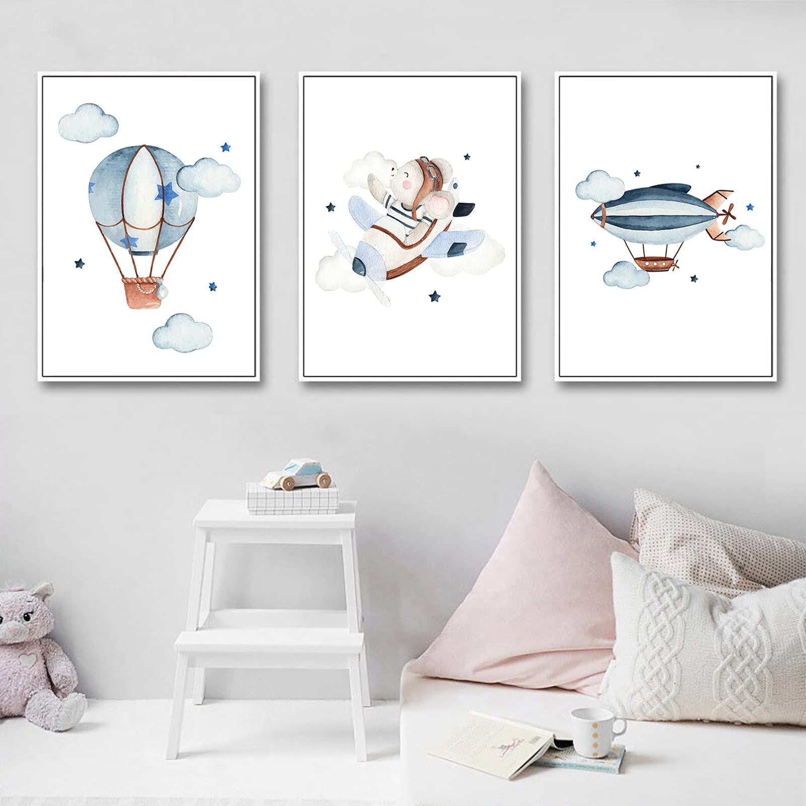 CULASIGN Set di 3 poster per cameretta dei bambini, formato A4, senza cornice, decorazione da parete per bambini, immagini per bambini, auto, aeroplani, palloncini caldi (DEF, 30 x 40 cm)