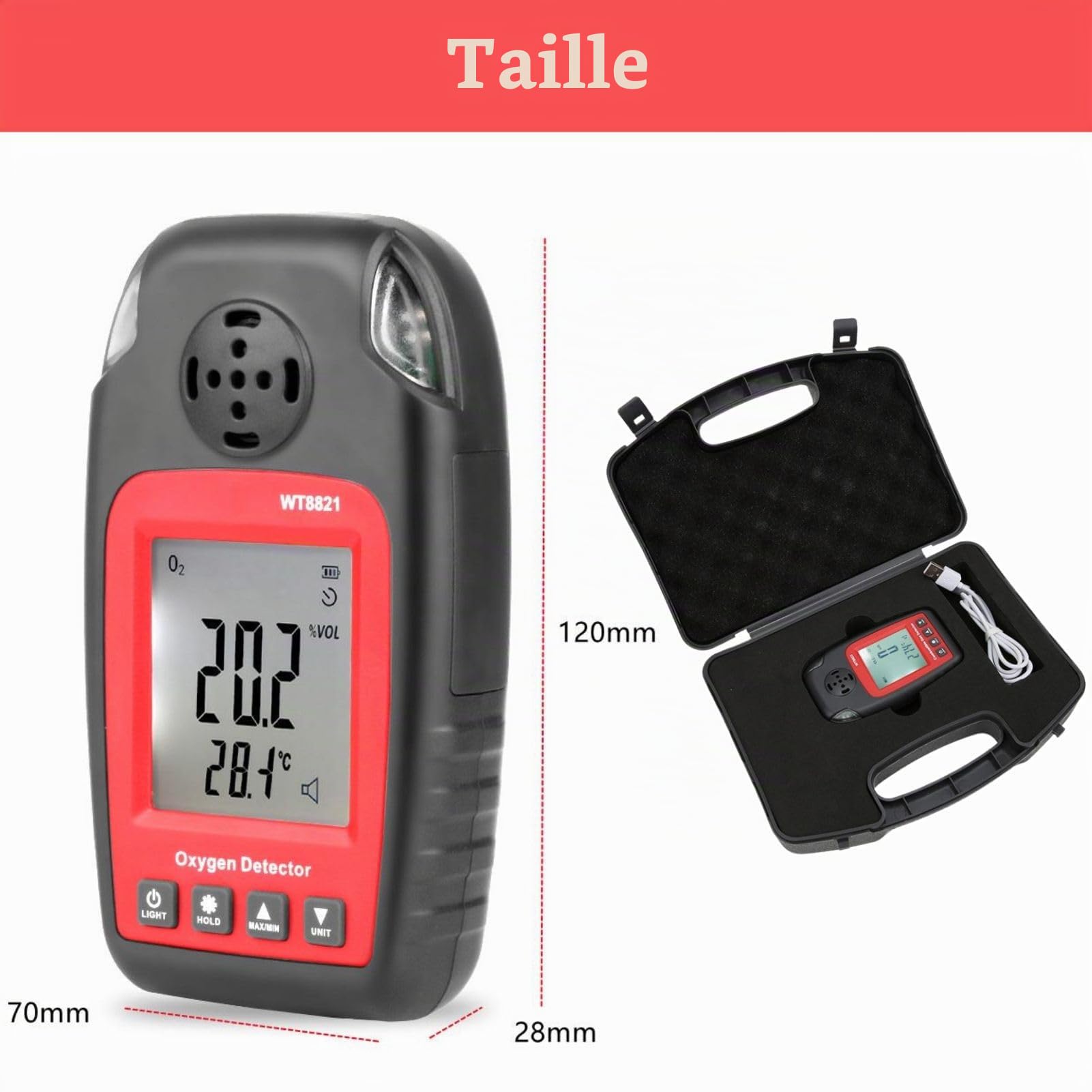Jadeshay Detecteur de Gaz, Détecteur D'oxygène WT8821 0~25% VOL Analyseur de Testeur d'Oxygène Portable Détecteur O2 écran LCD, pour Travail Et Maison