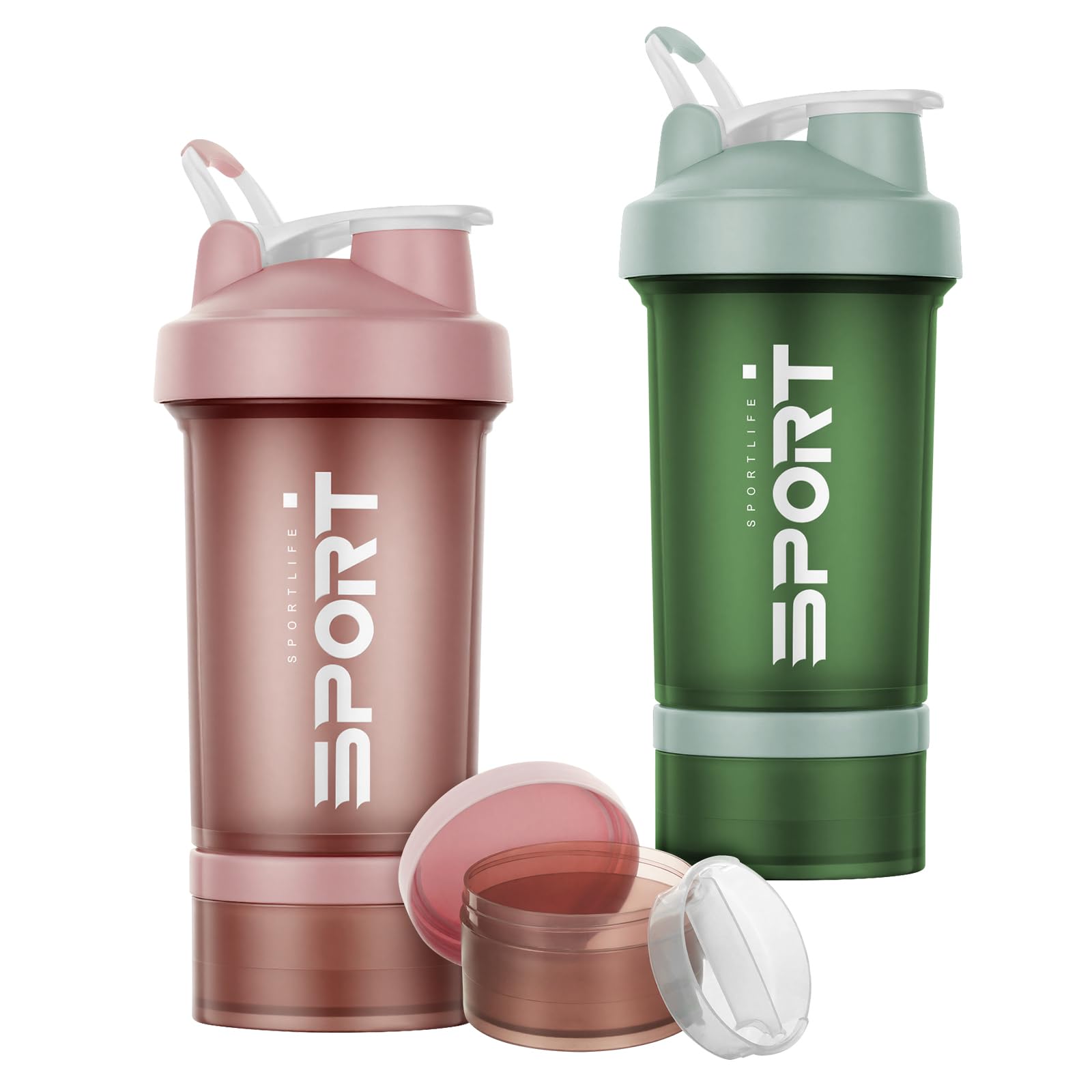 Alaoo Protein Shaker, 2 Stück 400ml Proteinshaker Flasche, Fitness Shaker mit 2 Mixball Edelstahl, BPA-frei und Auslaufsicher Proteinshaker mit Messskala für Proteinpulver,Proteinshake (Grün+Rosa)