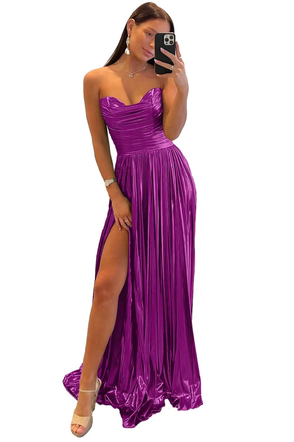 Gekaioe Sparkly Metallic Prom Dresses for Women Long Strapless A-Line Formal Evening Gowns with Slit