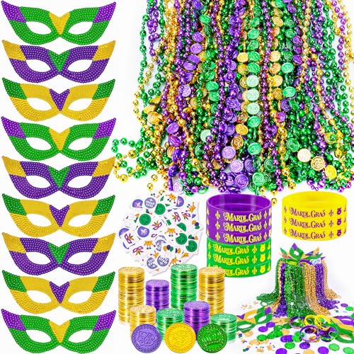 MGparty 216 PCS Mardi Gras Accessories - Masks Beads Necklaces Coins Tattoos Bracelets Carnival Parade Masquerade Party Decorations Supplies