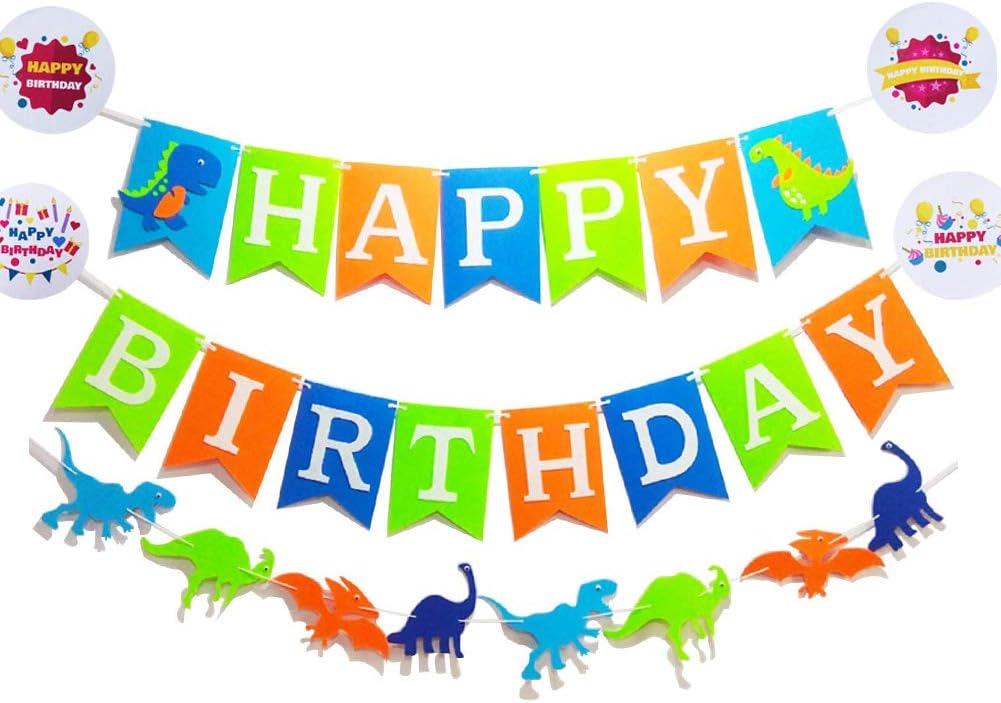 Seasons Stars Dinosaur Happy Birthday Banner( Assembled) with White Letters,Dino Birthday Colorful Felt Banner, Dino Jungle Jurassic Garland photo props For Kids Birthday Dinosaur Party Supplies