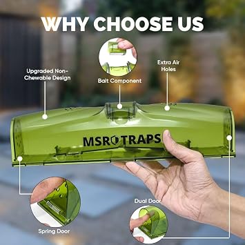 Humane Mouse Traps– 3X Live Catch & Release, Extra-Long, Tail-Safe Dual Doors, No-Kill, Safe for Kids & Pets, Includes Cleaning Brush & Pair of Gloves, Reusable Indoor & Outdoor Mouse Traps By MSR