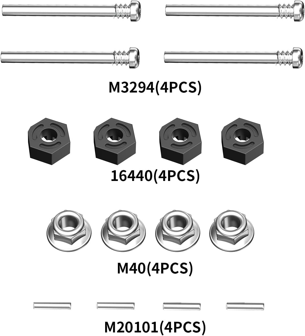 HYPER GO KS002 Accessories Wheel Hex, Pins, M4 Lock Nut, Round Head Half Thread Screws, Spare Parts RC Vehicle Accessories for All 1/14 1/16 Scale