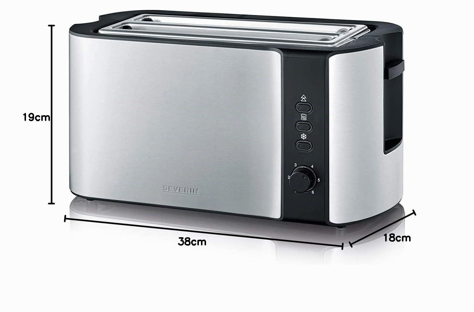 SEVERIN Grille-pain automatique 1400 W, Toaster compact 2 fentes jusqu'à 4 tranches, Grille-pain électrique avec réglage du degré de brunissage & fonction décongélation, Inox/Noir, AT 2590
