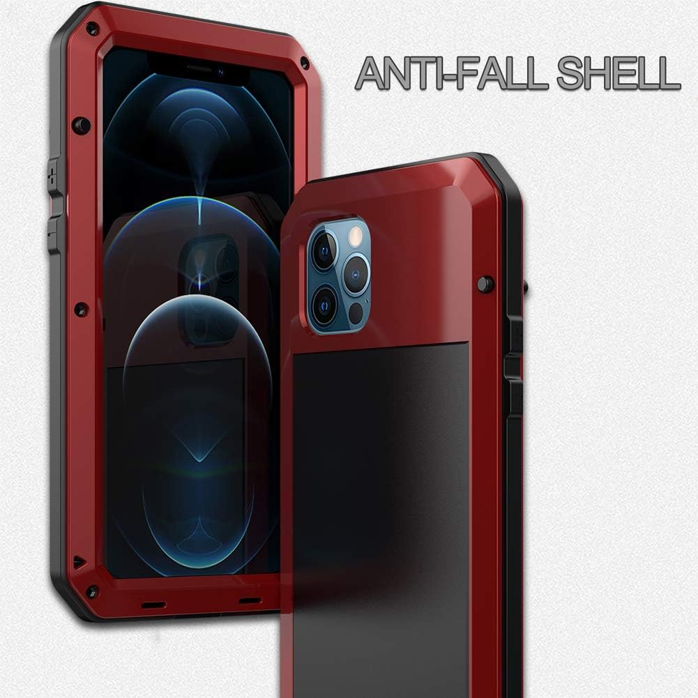 Marrkey for iPhone 12 Case, 360 Full Body Protective Heavy Duty Shockproof Tough Armour Aluminum Alloy Metal Case with Silicone Built-in Screen Protector for Apple iPhone 12 Pro 6.1 Inch - Red