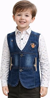FRIENDY KIDS Boys 2-Piece Clothing Set | Denim Vest Jacket with Full Sleeve Printed Shirt | Stylish Party & Birthday Wear Price In India