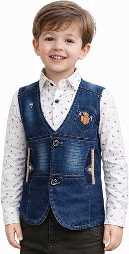 FRIENDY KIDS Boys 2-Piece Clothing Set | Denim Vest Jacket with Full Sleeve Printed Shirt | Stylish Party &amp; Birthday Wear