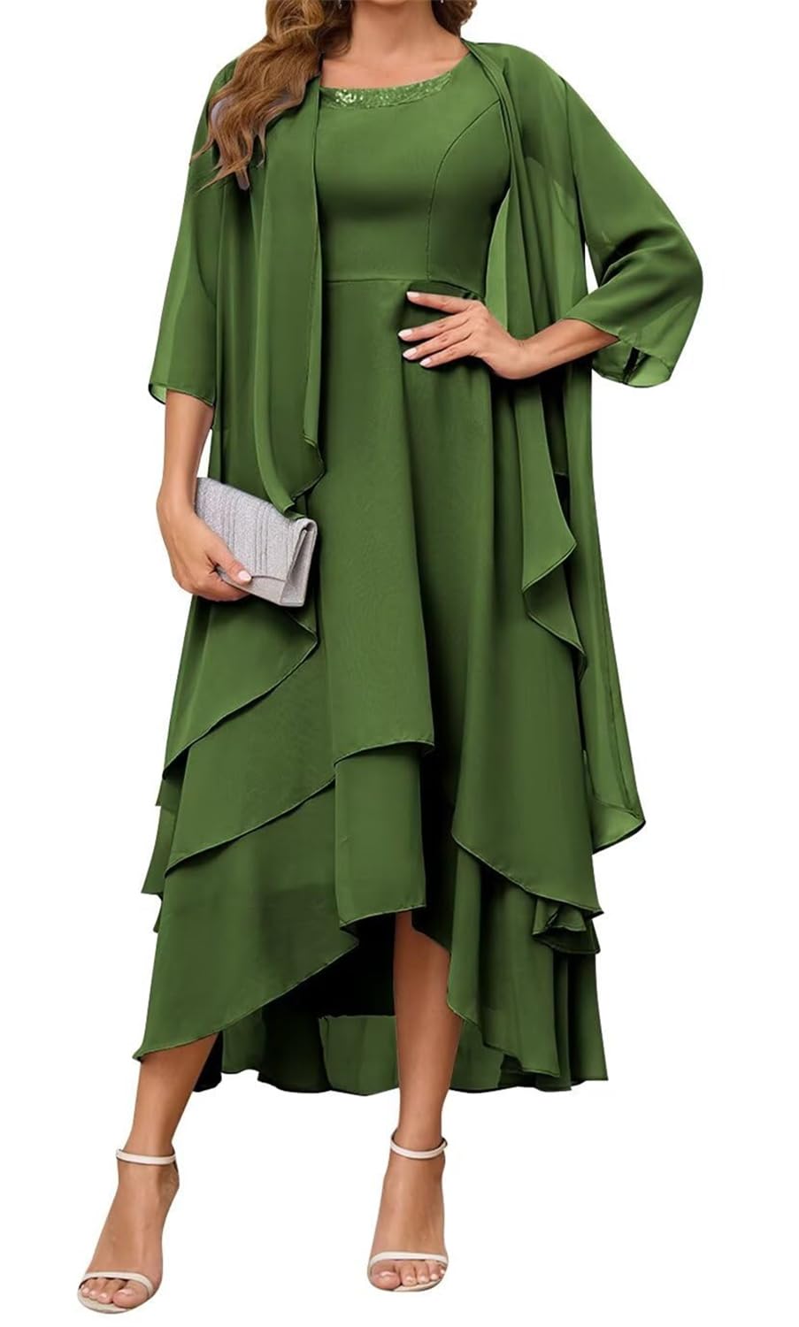 Yiann Women's Olive Green Plus Size Mother Of The Groom Dresses For Wedding With Jacket Chiffon Mother Of The Bride Dress Uk22