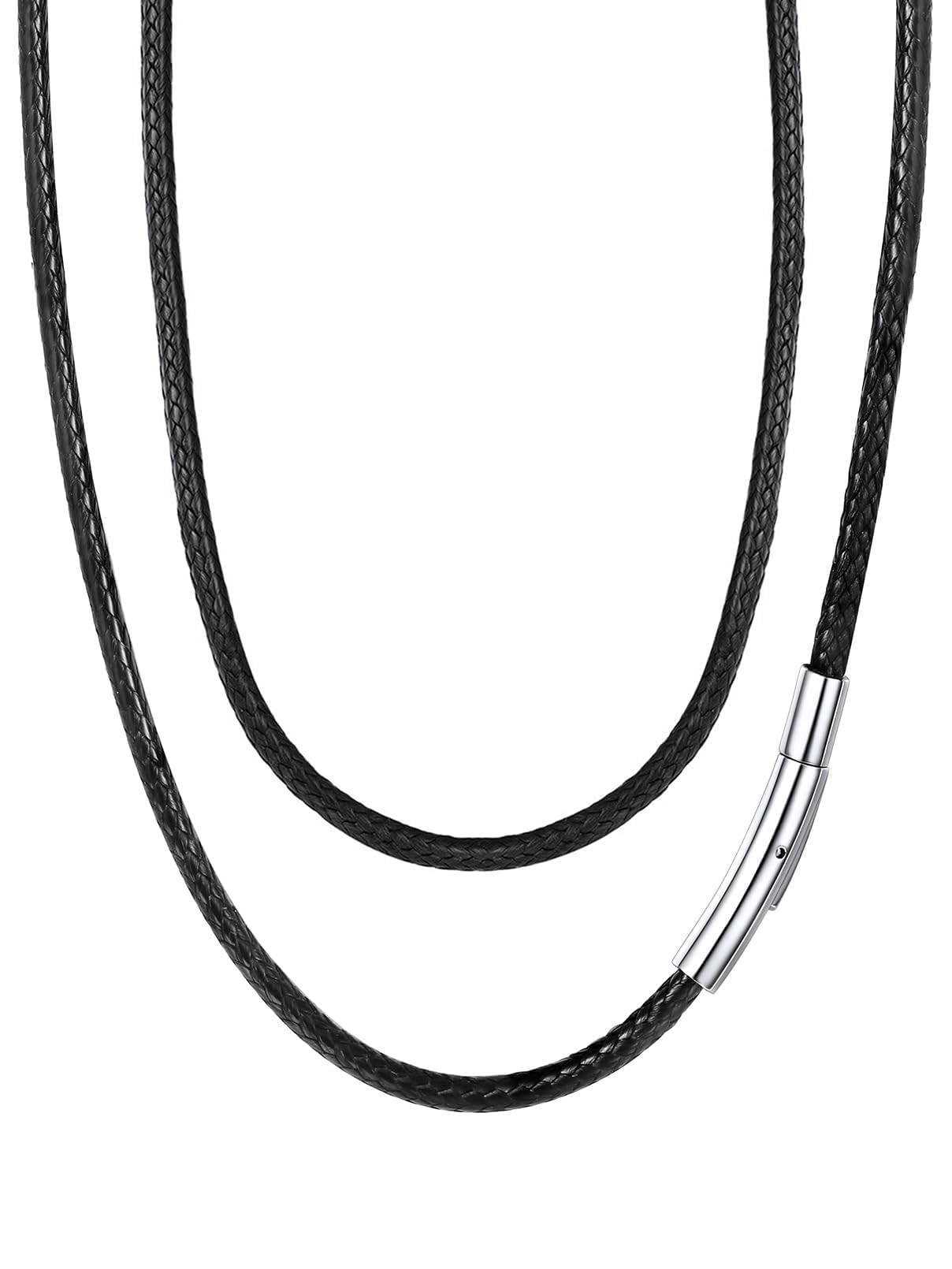 FaithHeart Braided Leather 2MM/3MM Necklace Cord for Men with Stainless Steel Snap Clasp, Waterproof Woven Wax Rope Chain for Pendant with Delicate Gift Box