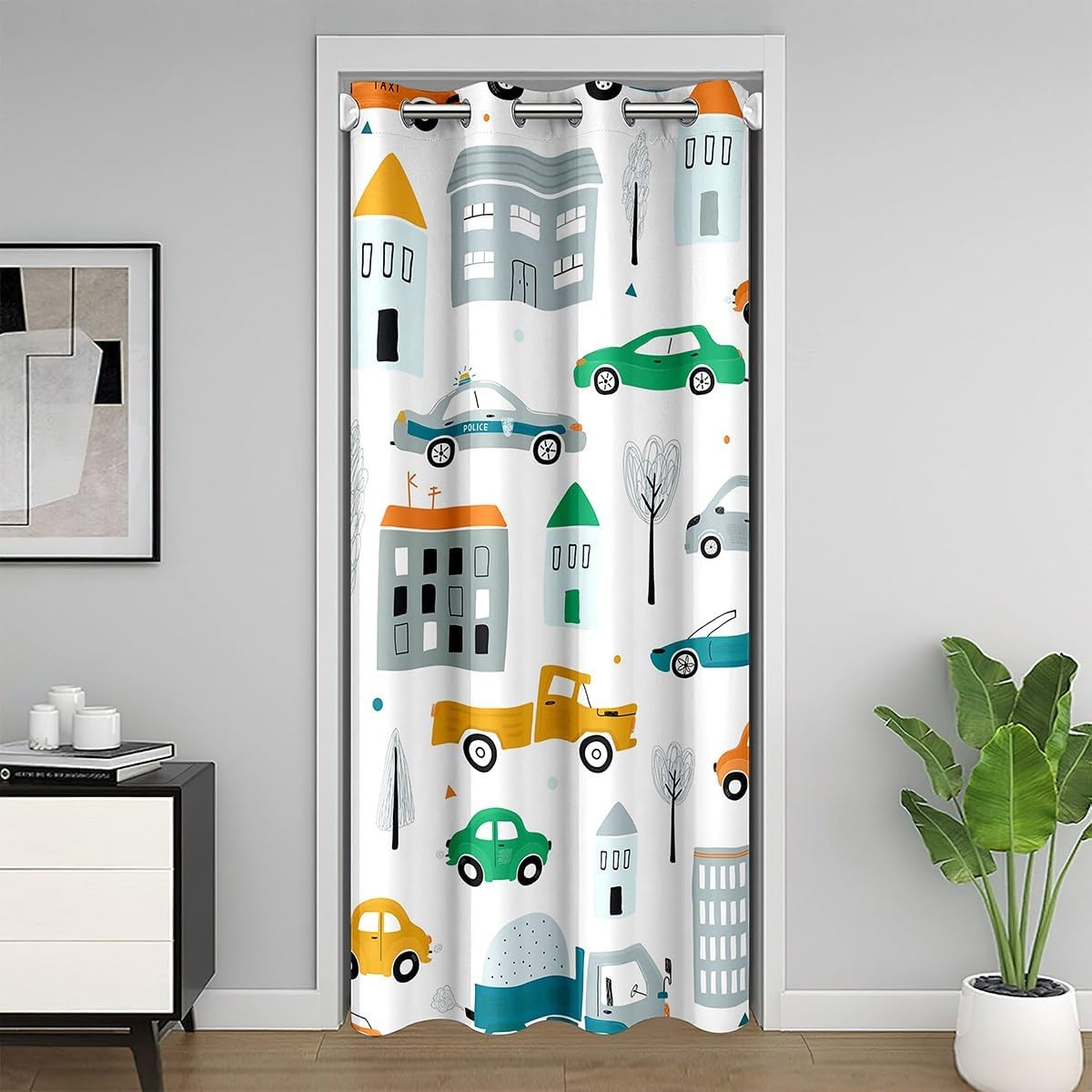 Colourful Cartoon Cars Door Curtain 150 x 203 cm Watercolour Car Lovers Boys Teens Room Door Drape for Cupboard Door Living Room Bedroom Retro City Landscape Blackout Curtain