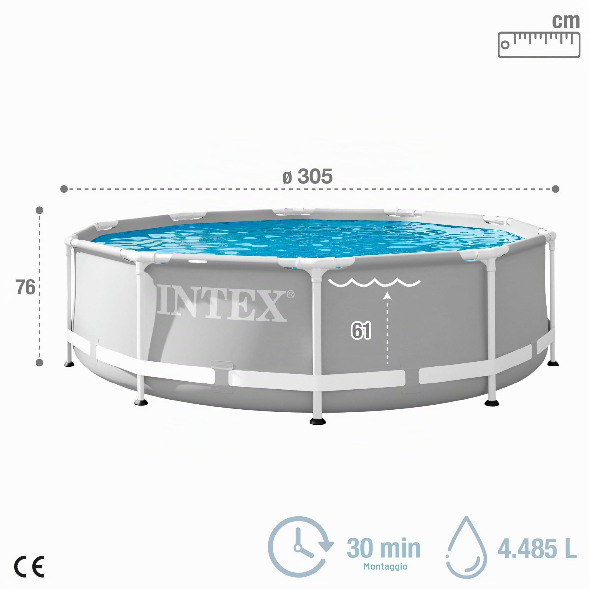 Intex 26702NP – Piscina Fuori Terra Prisma Frame Rotonda, Pompa Filtro 1250 L/h, 4485 L, Acciaio e PVC, Grigio, 305x76 cm