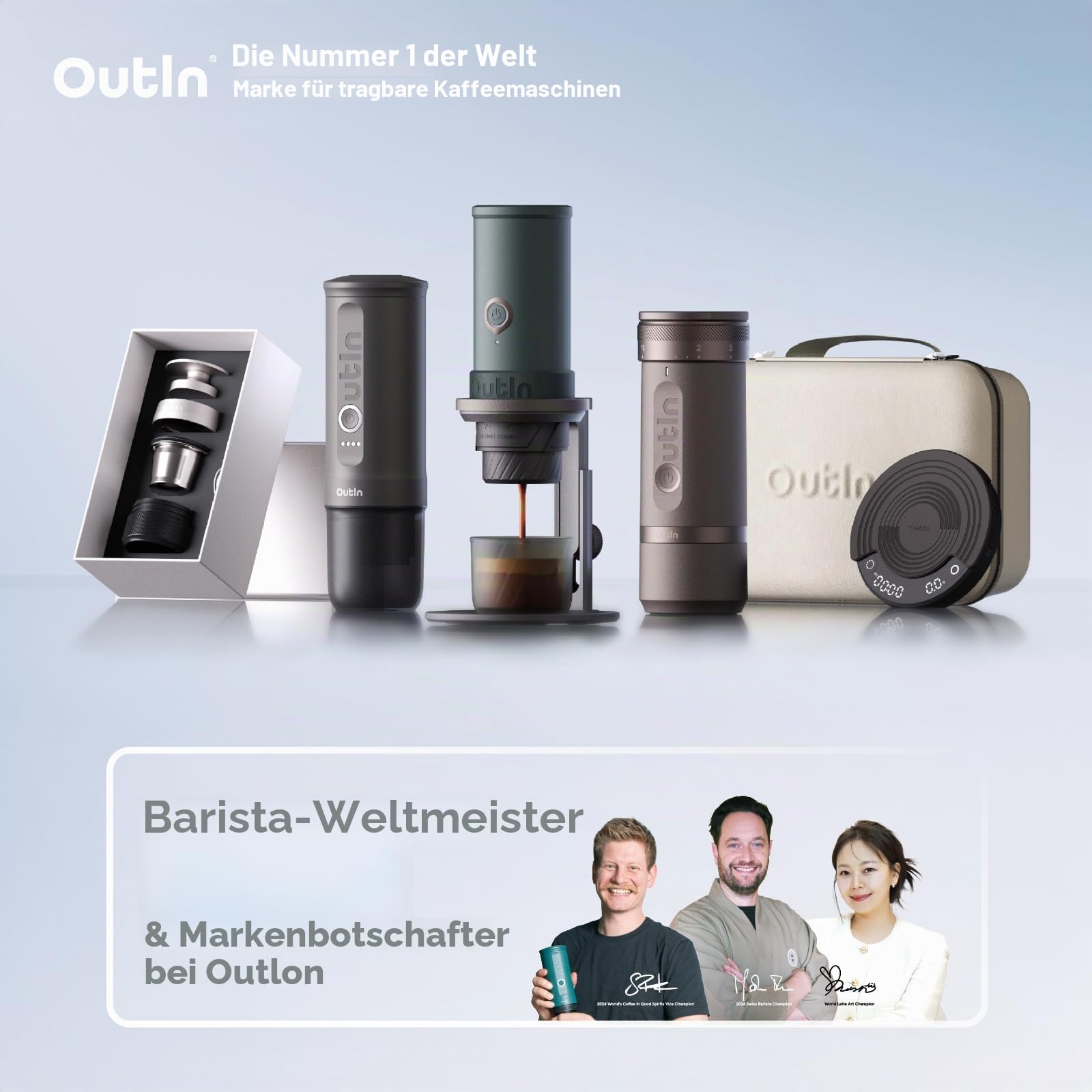 OutIn Nano tragbare Espressomaschine und OutIn Fino tragbare elektrische Kaffeemühle im Set