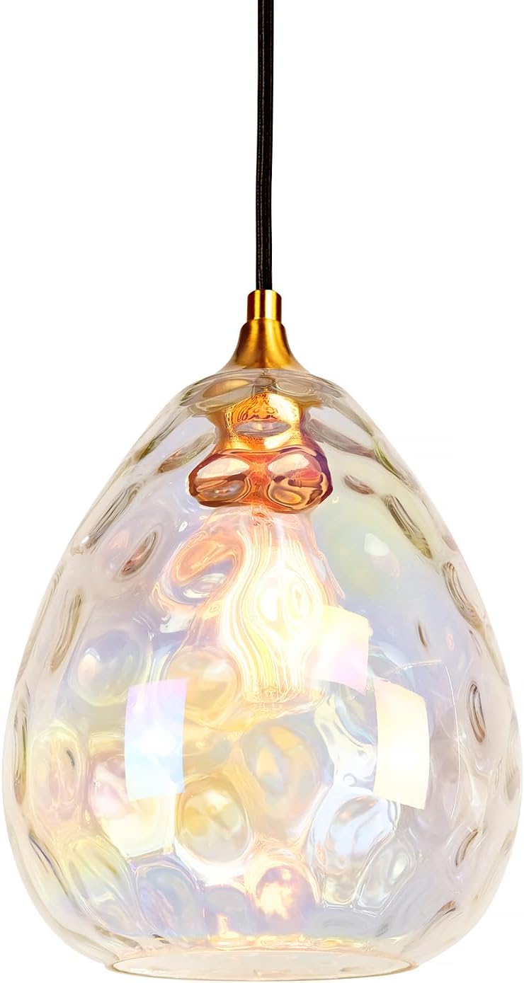Gold Pendant Lighting with Stained Hammered Glass Shade, 1-Light Art Deco Hanging Lamp for Kitchen Island, Dining Room, Bedroom
