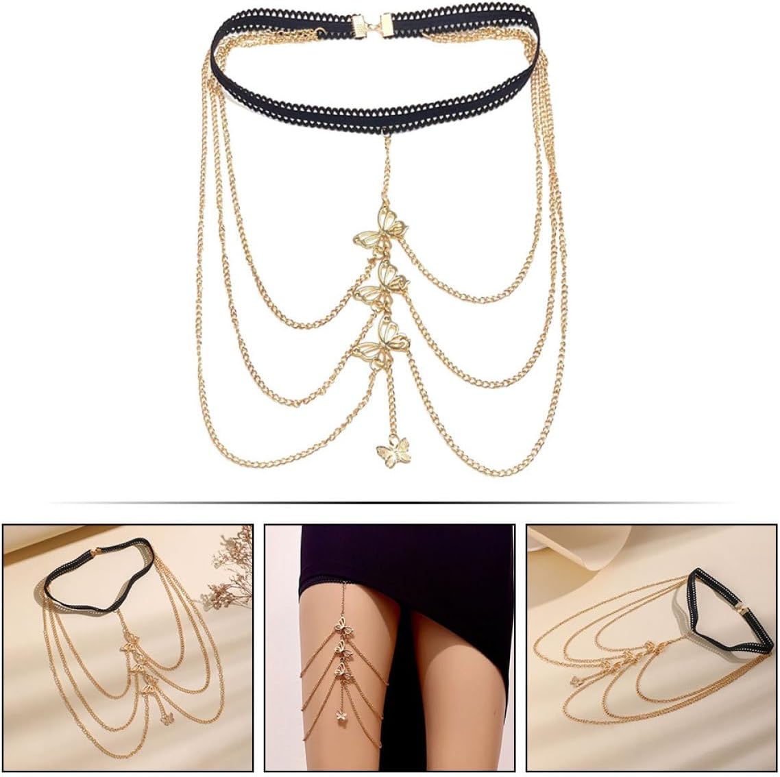 MAGICLULU Golden Multi-layer Butterfly Thigh Chain Elastic Body Leg Jewelry for Women Beachwear Fashion Accessory