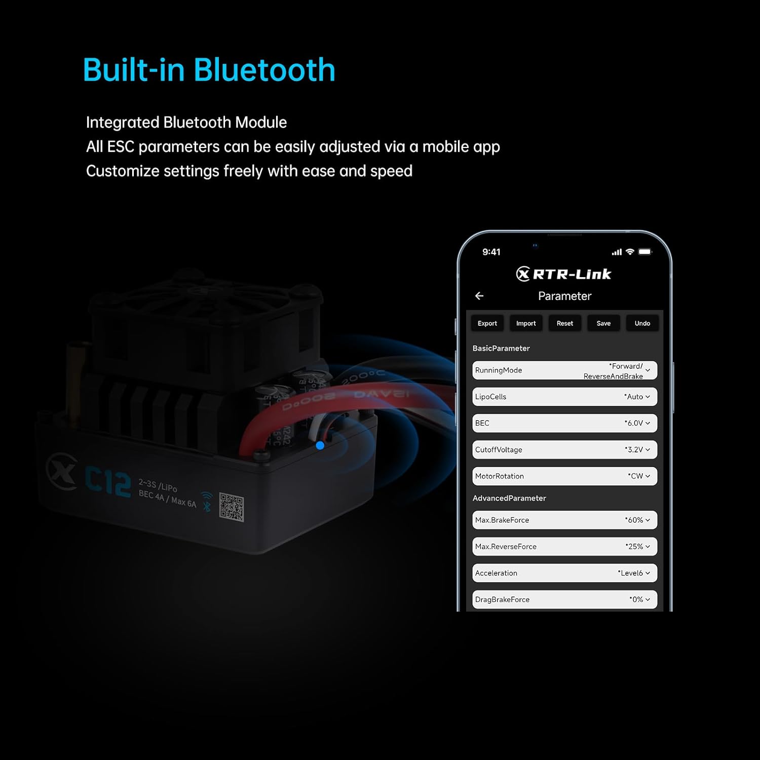 XC C12 Sensorless Brushless Motor ESC for RC Car, 2-3S Lipo,60A Continuous Current,4-6A、6.0/7.4V BEC,Applicable to 1/12 ON Road & Off Roads(No Connector)