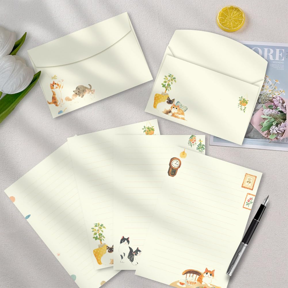 72 Pieces Cute Cat Writing Paper and Envelopes, 8.3x5.6 Inch Stationery Set, 48 Lined Sheets & 24 Envelopes, Kitty Design for Letters, Invitations, Gifts, Holidays, Party Notes