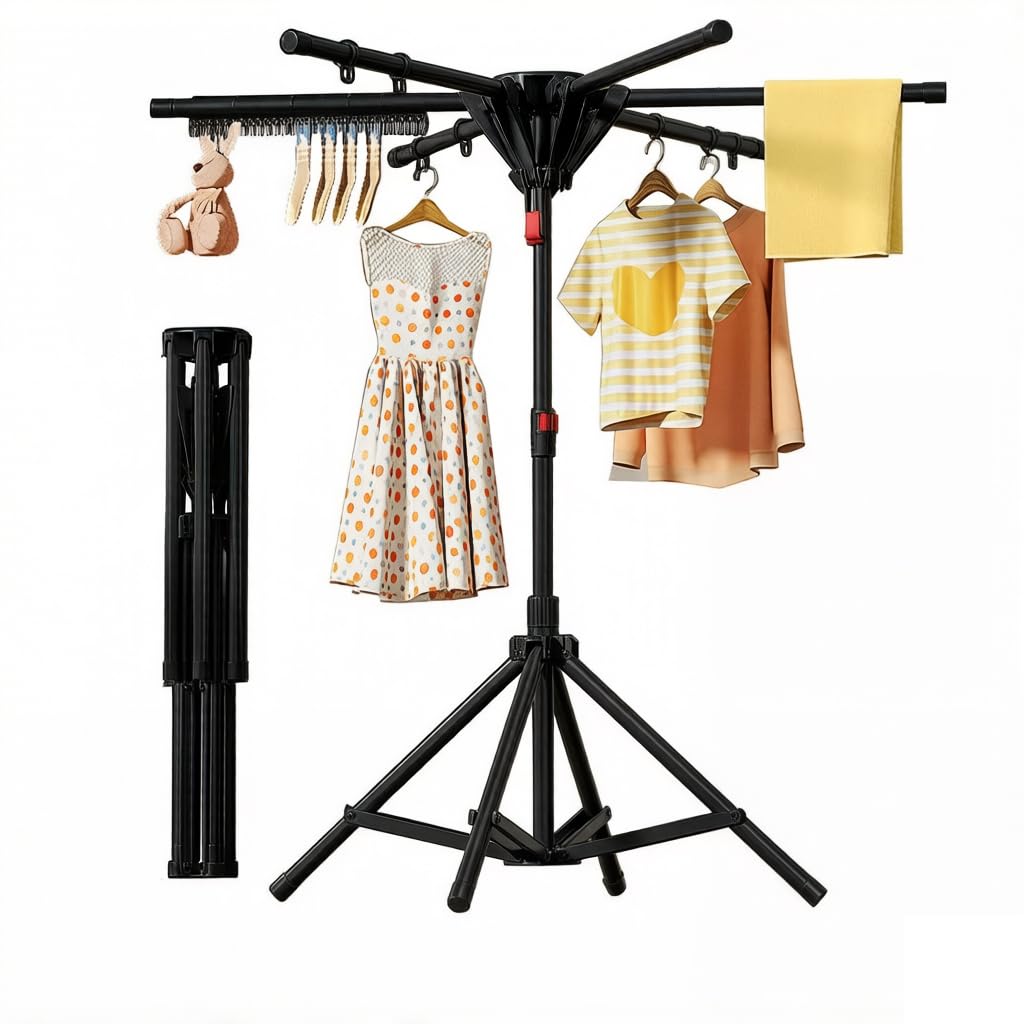 HEYOUTH Séchoir à Linge Pliable 6 Barres Extensible - Gain de Place en Acier au Carbone pour Balcon, Camping, Intérieur & Extérieur (Noir)