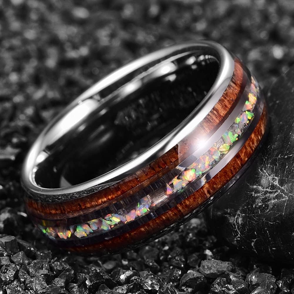 NUNCAD 8mm Hawaiian Koa Wood Tungsten Rings Domed Abalone Shell Center Wedding Bands for Men Women Comfort Fit Size 6-13