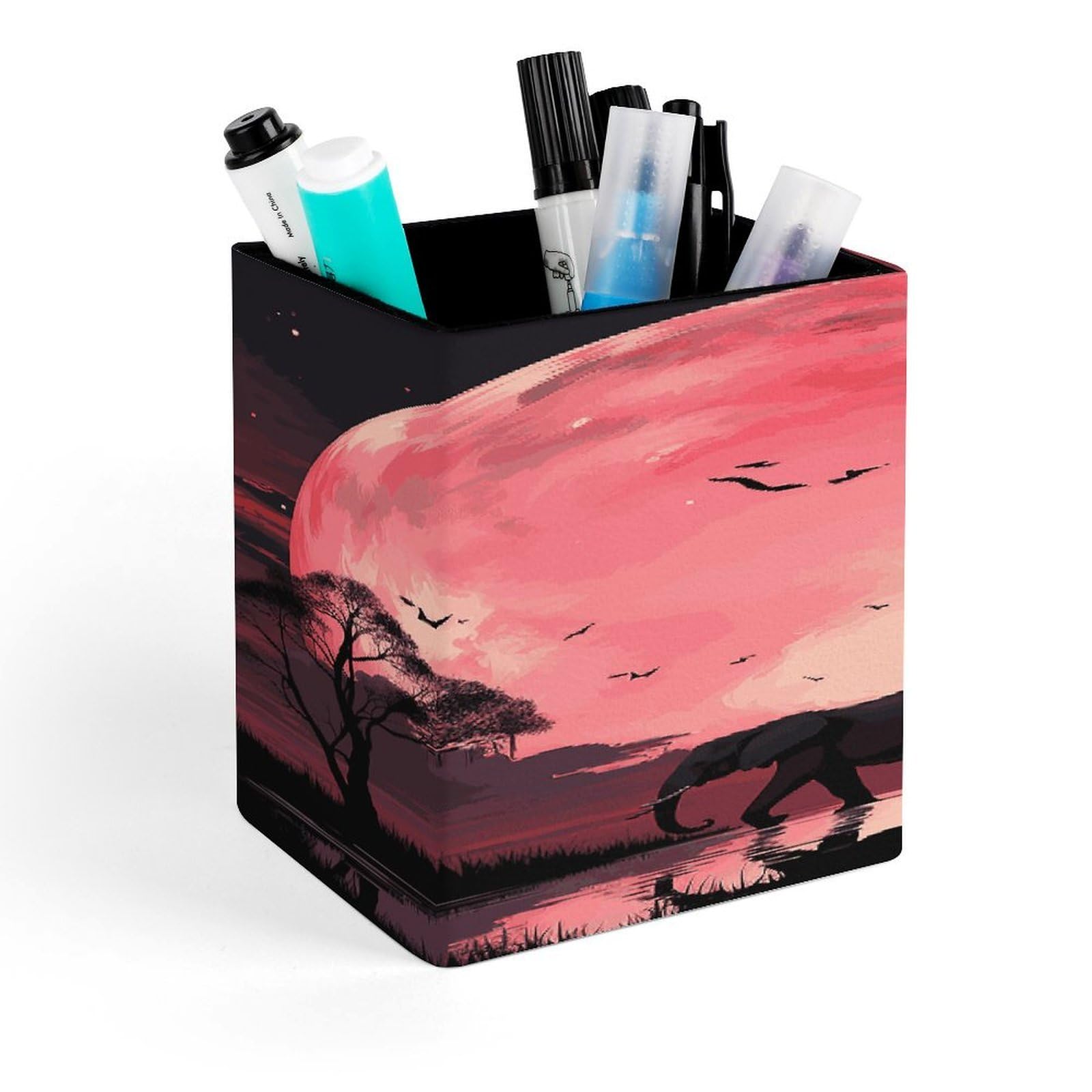 JTREHY Pink Moon Elephant Pen Holder Square Pen Pencil Holder Makeup Brush Holders Cup PU Leather Pencil Cups Desktop Caddy Stationery Organizer Case Office Accessories Container Box