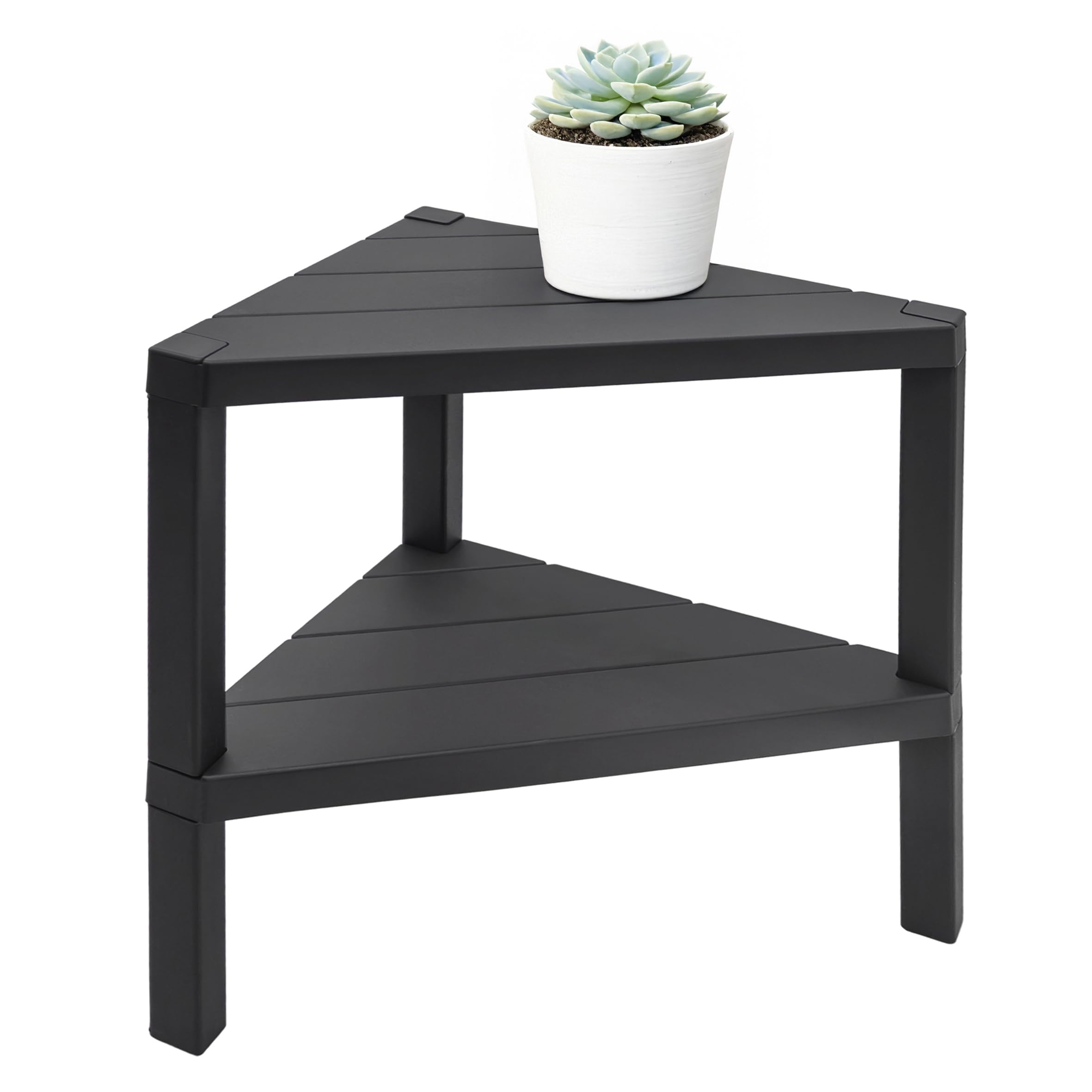 Spetebo Mesa auxiliar de plástico triangular en antracita, 46 x 45 cm, estantería esquinera pequeña con 2 estantes, mesa de centro decorativa, balcón, mesa de noche, balcón, estantería
