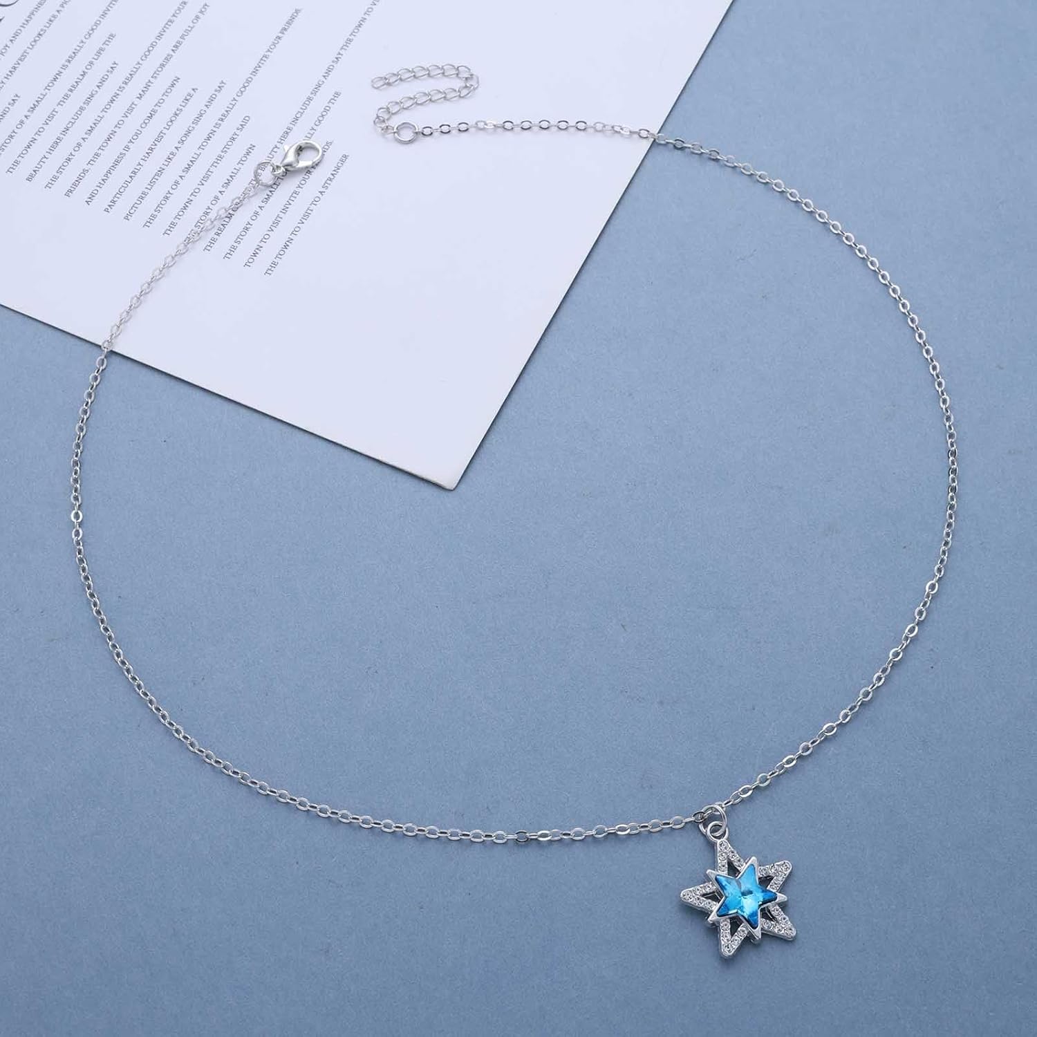 Boho Blue Crystal Star Necklace Sapphire Star Pendent Necklace Silver Hollow Stars Chain Necklace Cz Stars Choker Necklaces Imitation Sapphire Jewelry for Women - Image 3