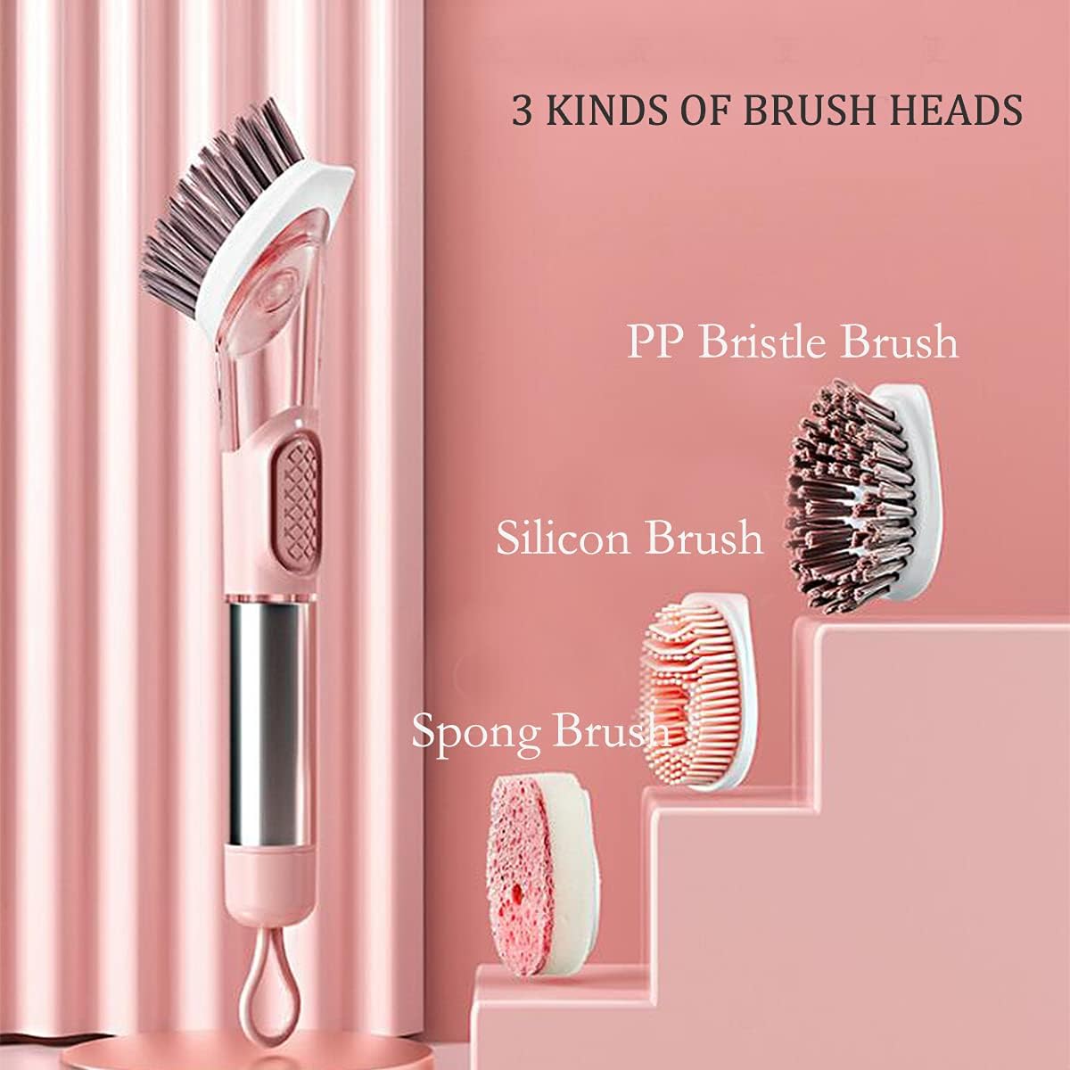 Soap Dispensing Dish Brush, 3-in-1 Kitchen Brush Set Scrub Brush with Hook for Pot Pan Dishes Sink Cleaning DR0190 Pink