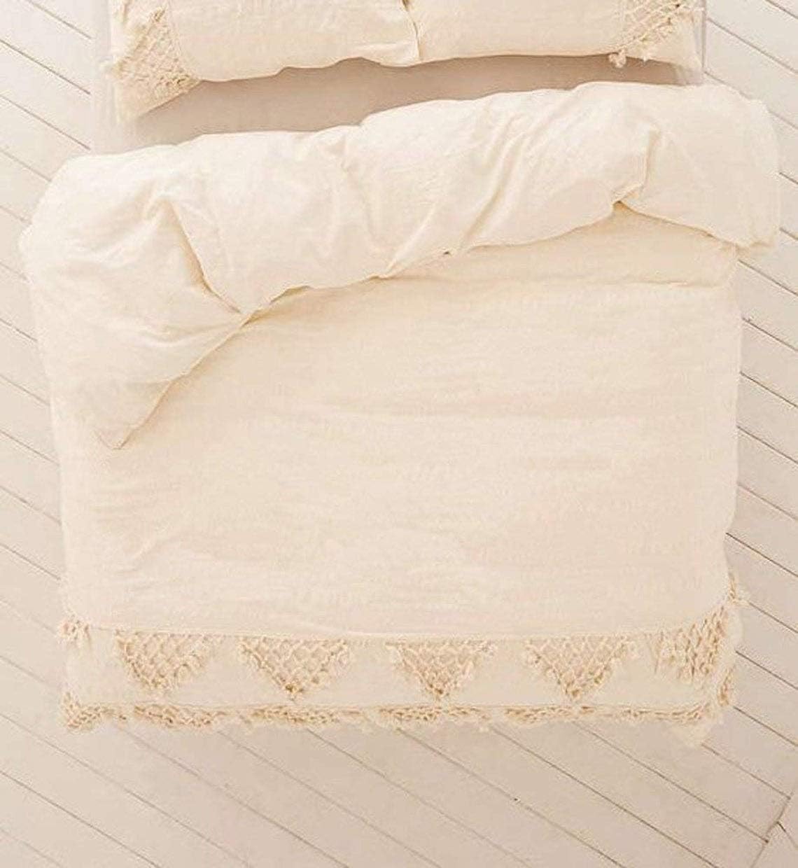 Sophia-Art Cotton Tassel Dorm Boho Comforter Decor Donna Quilt Bedding Solid Bedding Cover Bohemian Cover Gypsy Duvet Cover with Pillow Covers