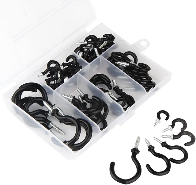 starfa lab Cup Hooks 70 Pieces Mug Hooks 6 Sizes Screw in Hooks Plastic Coated Screw Hooks with Plastic Case for Hanging Cups/Jewelry/ Key Metal Ceiling Hooks Black