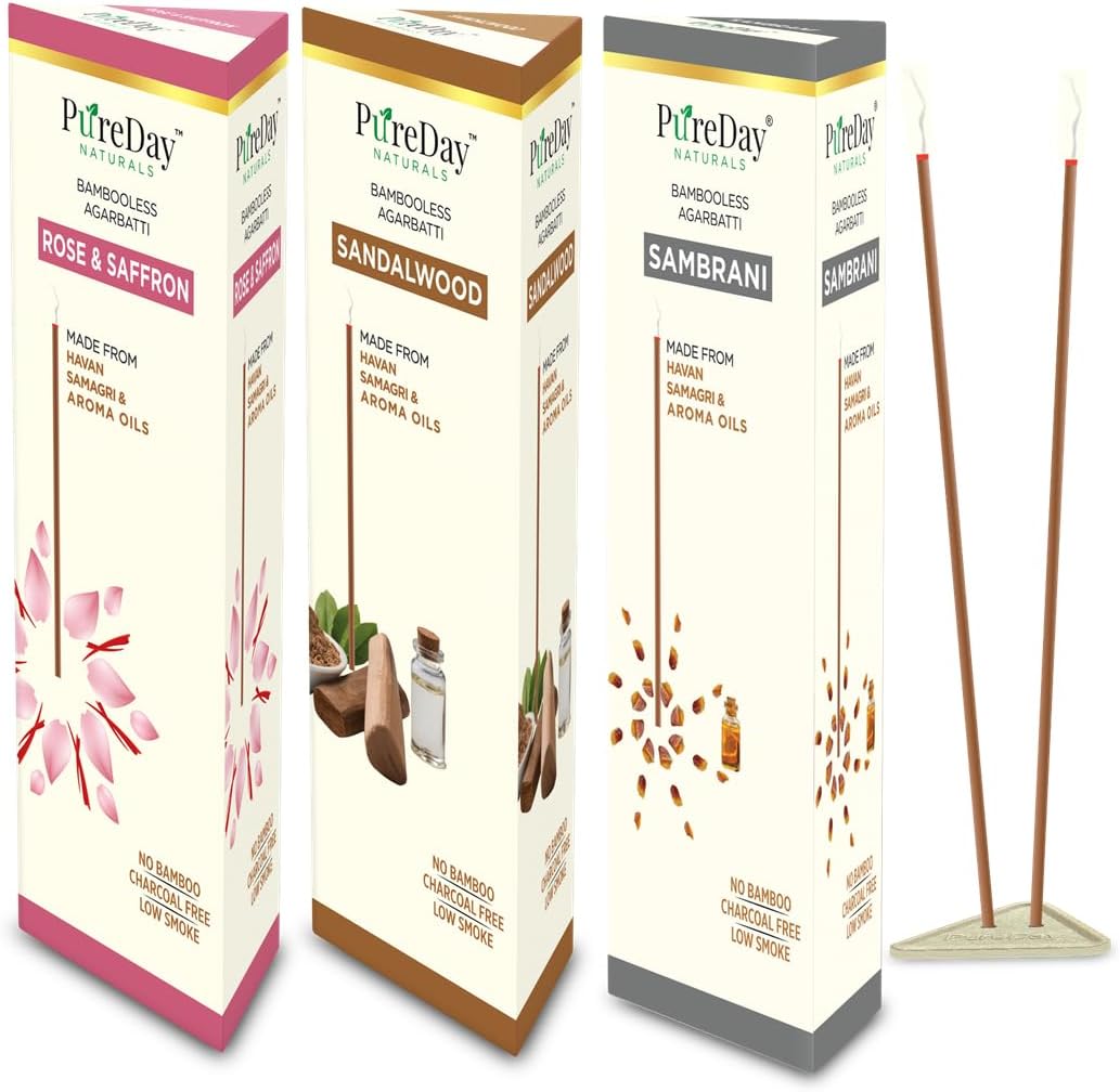 Bambooless Agarbatti | 200 Dhoop Sticks | Pack of 3 | Sandalwood - 80 Sticks, Rose & Saffron - 80, Sambrani - 40 | No Bamboo, No Charcoal, Lasting Aroma | Free Ceramic Stand