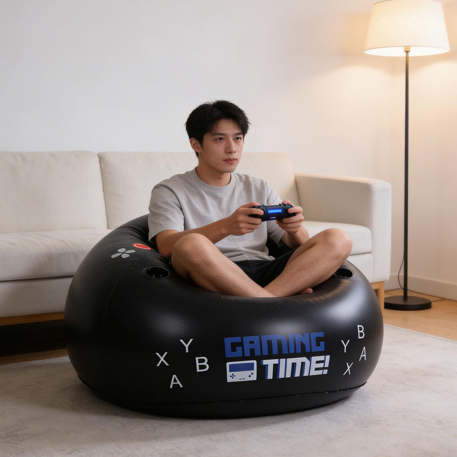 Poltrona da Gaming Gonfiabile, a Sacco, con Portabicchieri e Tasche Laterali, Supporta Fino a 100 Kg, Ideale per la Sala Giochi dei ragazzi.