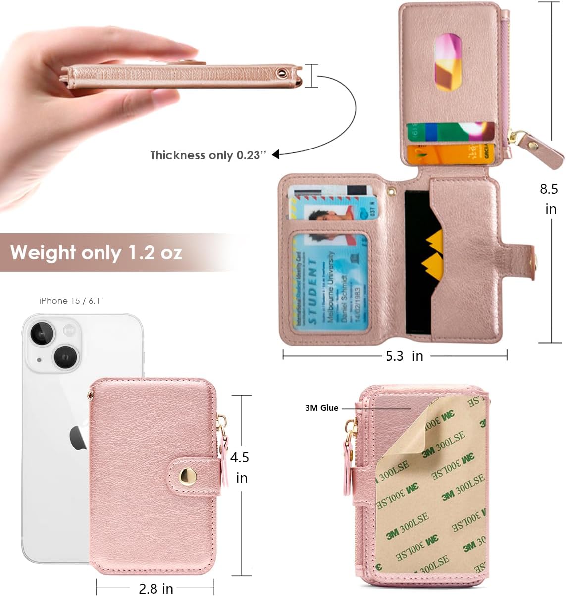 M-Plateau Foldable Phone Wallet，iPhone Card Holder Stick On with Flexible Zipper Coin Purse Multifunctional Kickstand Design, Fits 6.1 and Above Leather or Smooth Surface Phone case - Image 3