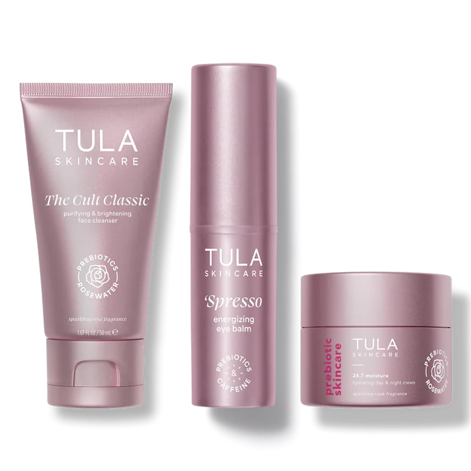 TULA Skincare Luminous Travel Trio - Includes 24-7 Moisture Cream, Cult Classic Cleanser, and Spresso Energizing Eye Balm - Sparkling Rosé, 3-Piece Set
