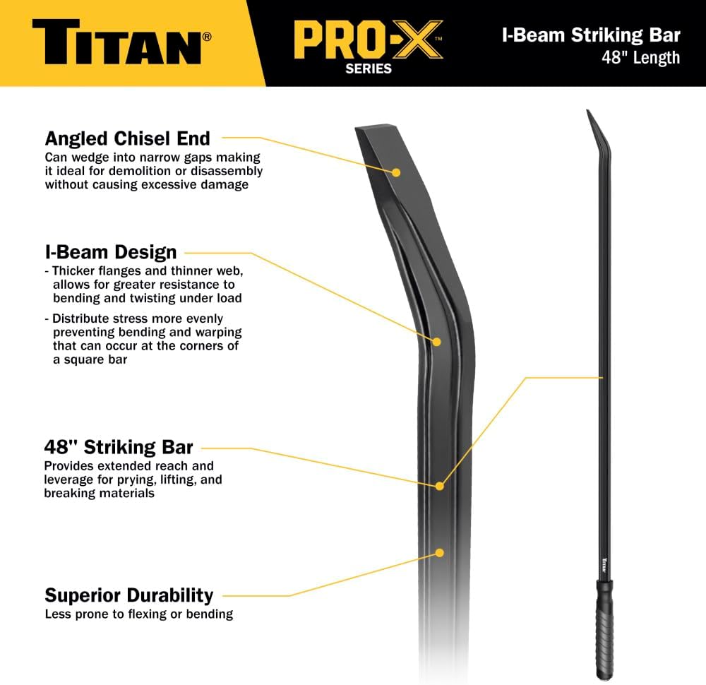 Titan Pro-X 63791 48-Inch I-Beam Striking Bar, Heavy-Duty Pry Bar with Angled Chisel End and Reinforced Strike Cap