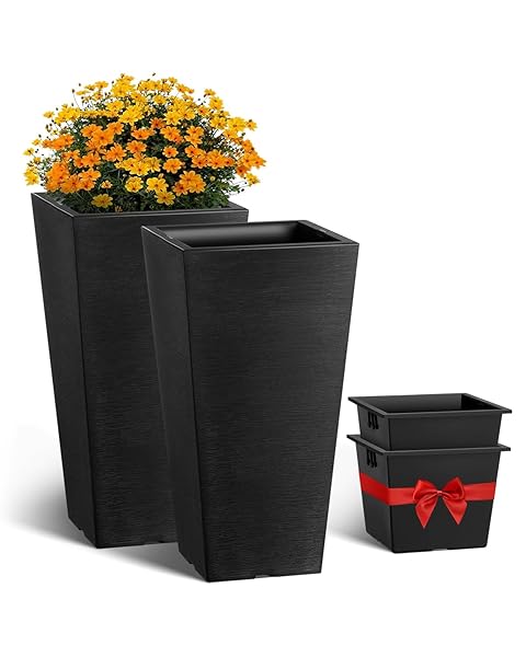 VEVOR Set of 2 Tall Outdoor Planters 22inch, Large Planters for Outdoor Indoor Plants, Black Front Porch Planter Flower Tree Plant Pots with Modern Design and Built-in Drainage