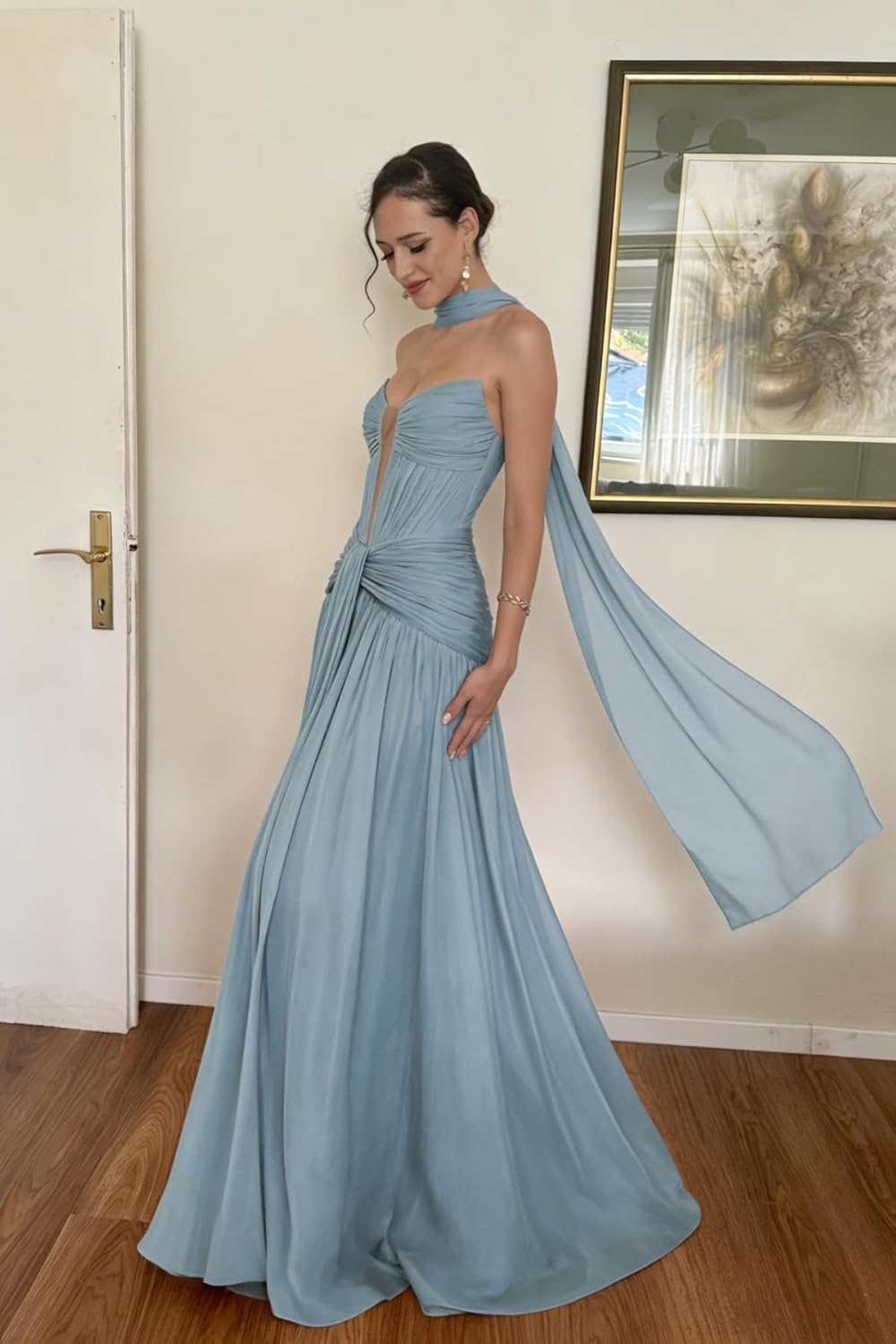 Strapless A Line Prom Dresses 2026 with Tie Long Pleated Chiffon Formal Evening Gowns for Women ZO075 - Image 4