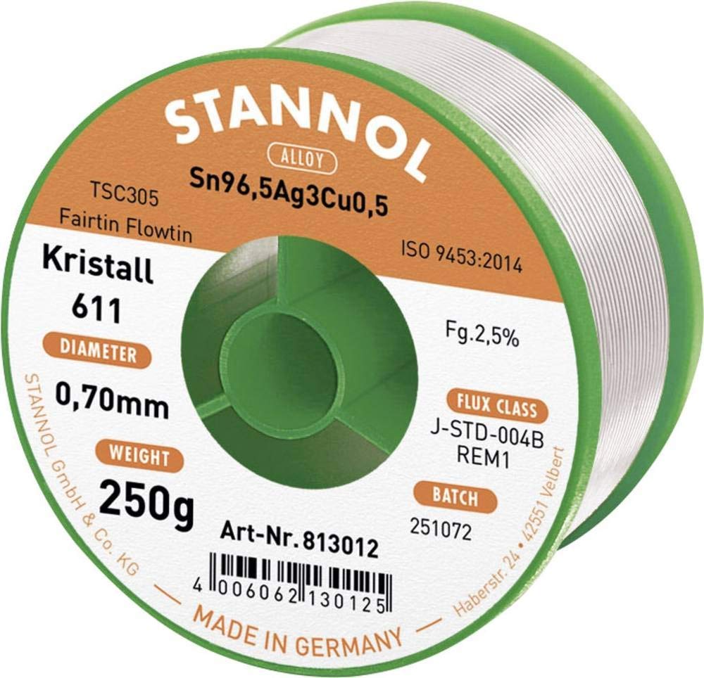 Étain à souder sans plomb Stannol Kristall 611 Fairtin 813012 Sn3.0Ag0.5Cu sans plomb 250 g 0.7 mm 1 pc(s)