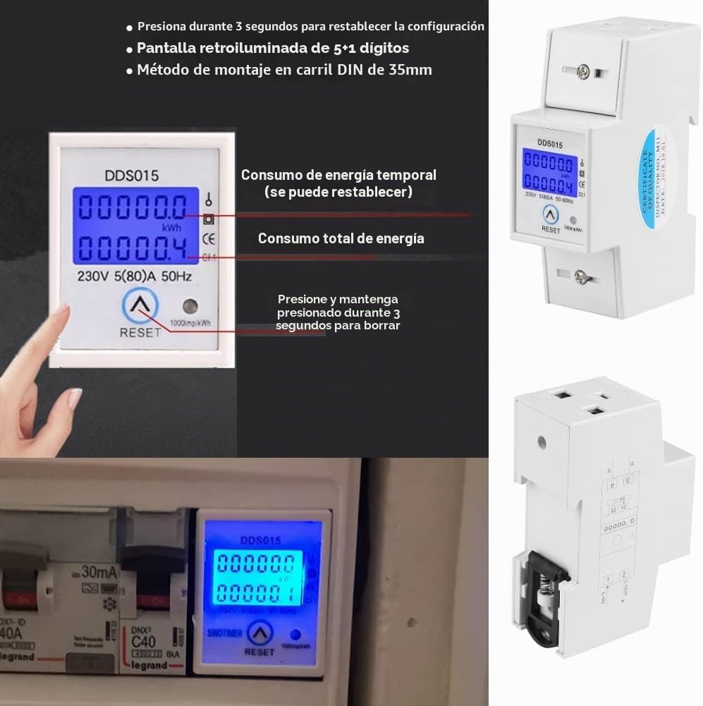 Jadeshay Contador Electrico Monofásico DDS015 Medidor de Consumo Electrico 5-80A 230V 50Hz con Pantalla LCD Retroiluminada Reiniciable Montaje en Carril DIN