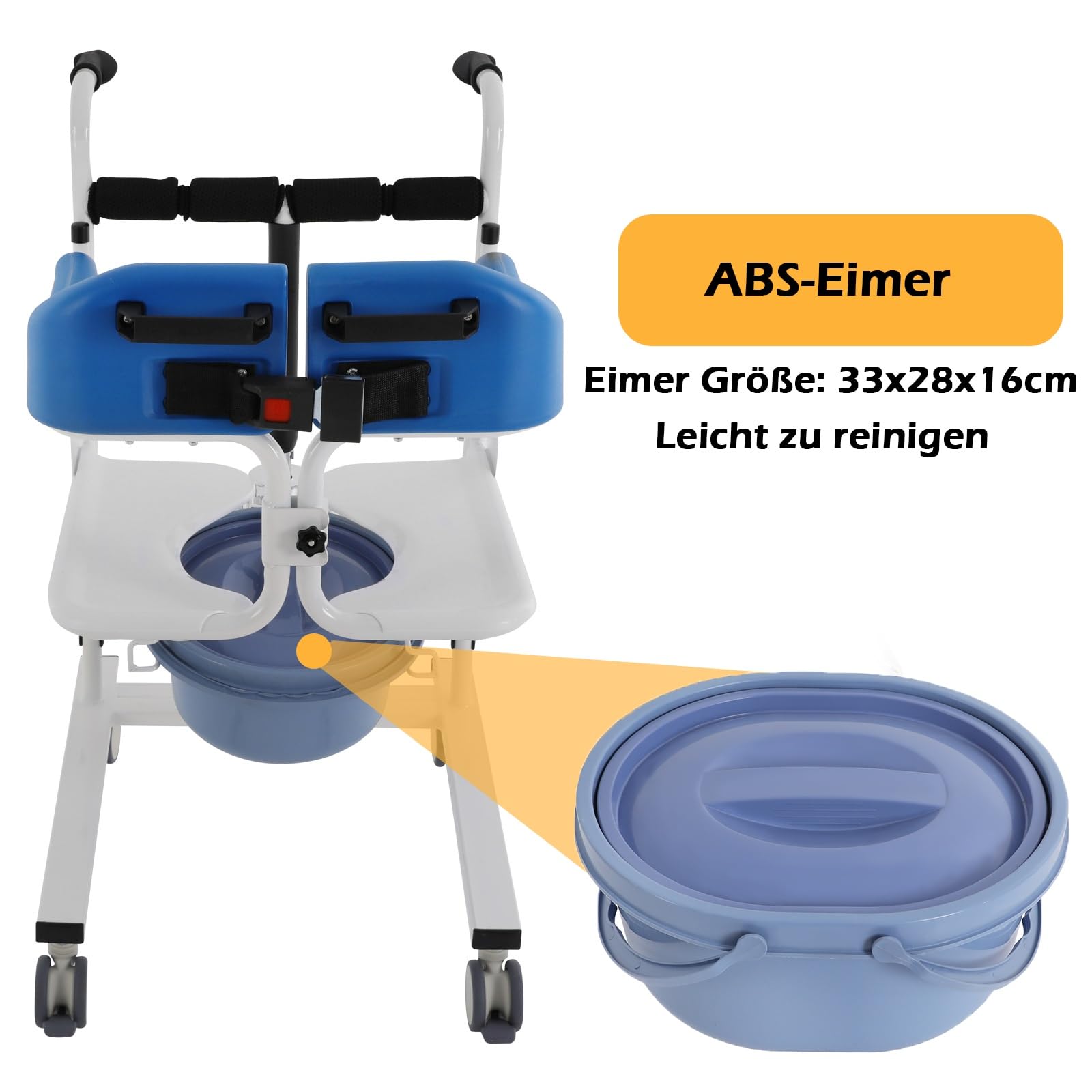 OUKANING Patientenlifter Transferstuhl - Duschrollstuhl HöhenverstellbarToilettenstuhl mit Rollen Bis 100 kg Belastbar Nachtstuhl Badezimmerrollstuhl mit Rollen für Senioren Behinderte (Blau)
