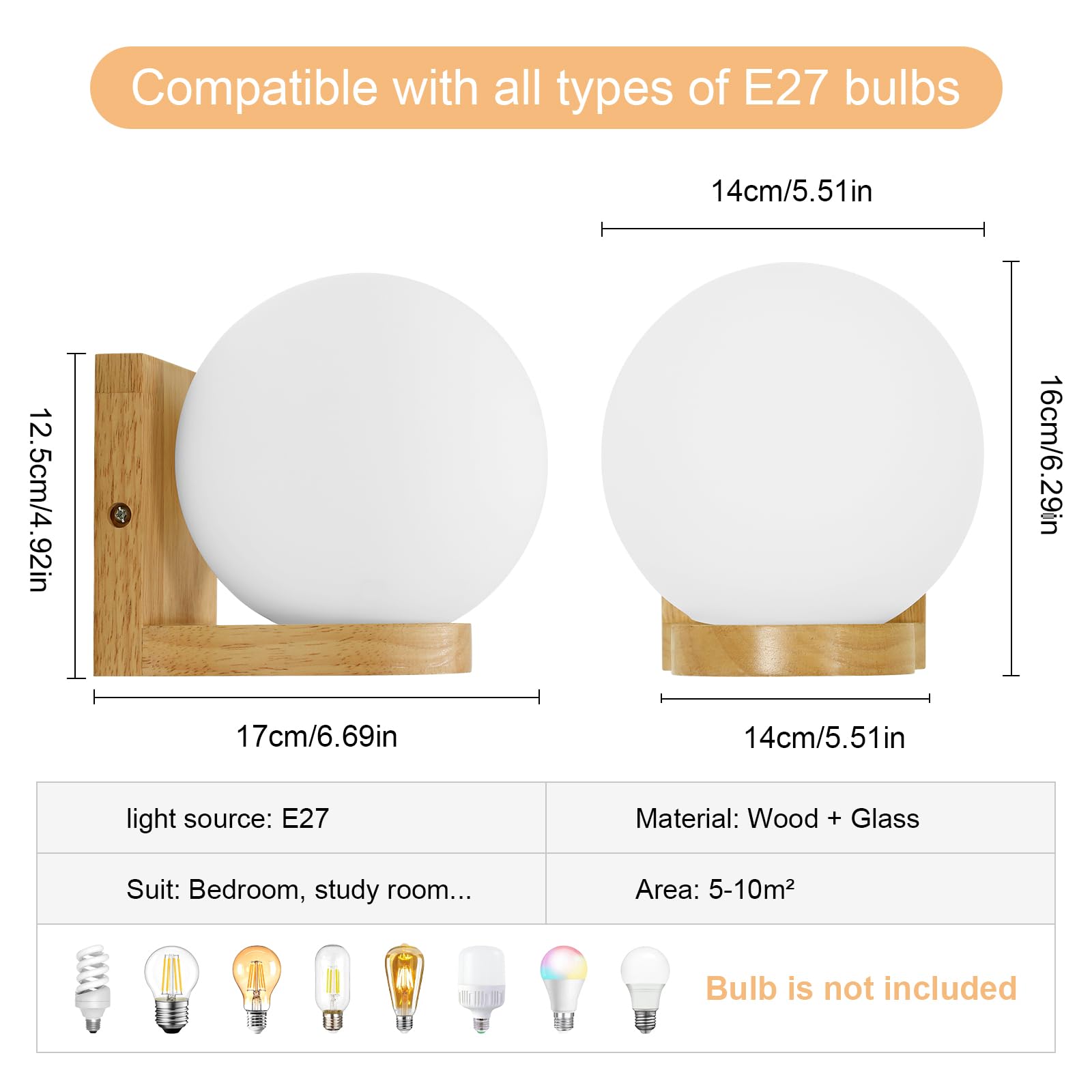 Tealight Applique da Parete Interno in Legno, Lampada da Parete Interno Vintage E27 per Camera da Letto, Lampada a Muro Palla di Vetro per Soggiorno Corridoio(Senza Lampadina), Wall Light Wood Round