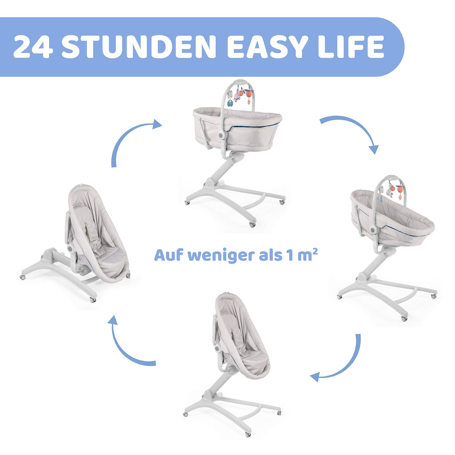 Chicco Baby Hug 4 in 1 Stubenwagen ab 0 Monate, Erhöhte Babyliege, Babybett, Hochstuhl mit Spielbogen, bis 15 kg, Verstellbare Rückenlehne, Verstellbare Höhe und 4 Räder
